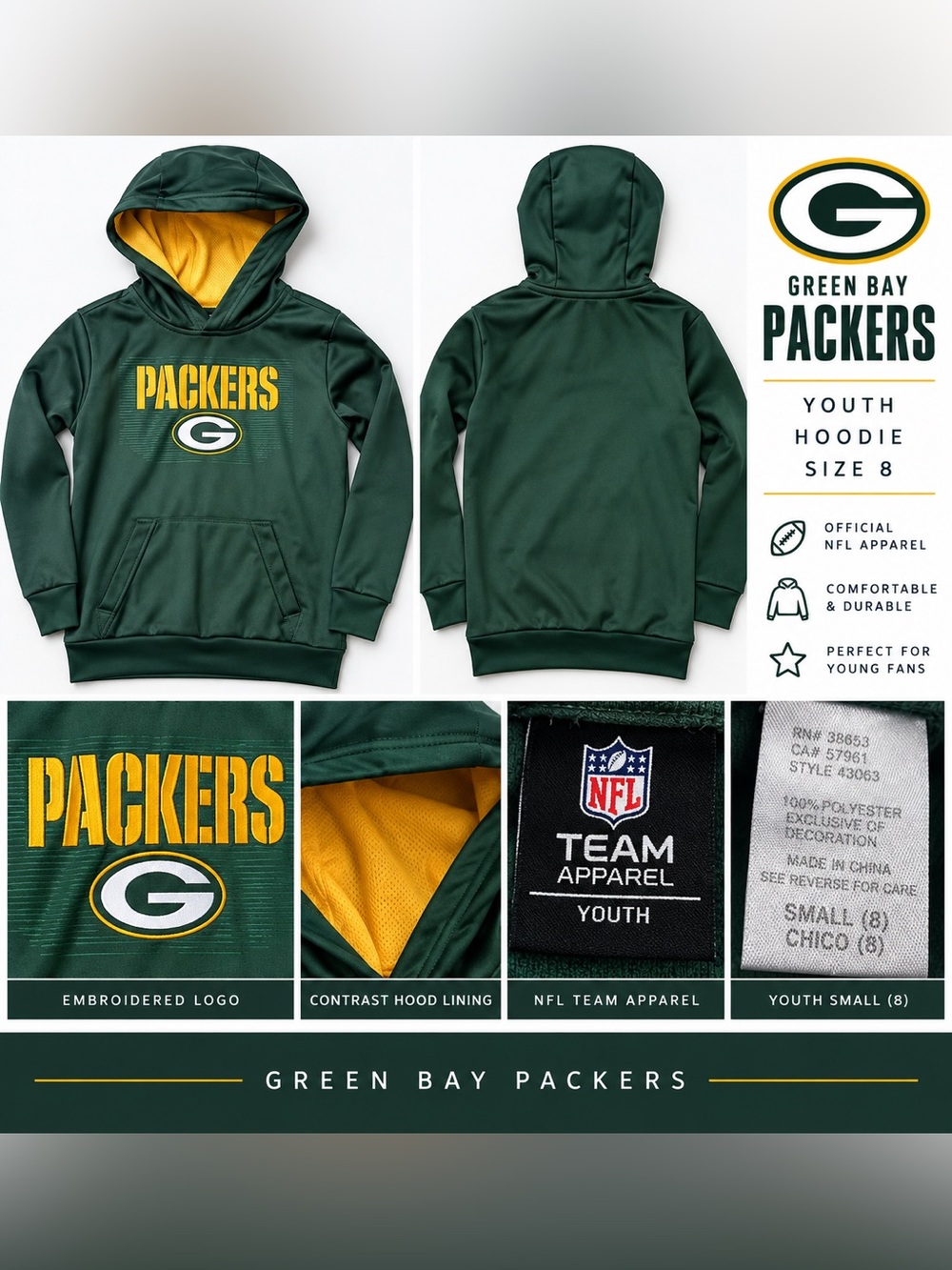 Green Bay Packers NFL Youth Small 8 Green Gold Embroidered Hoodie